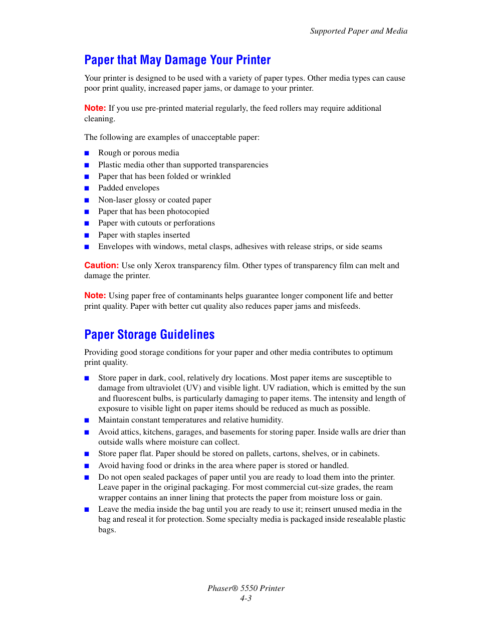 Paper that may damage your printer, Paper storage guidelines | Xerox 5550 User Manual | Page 64 / 237