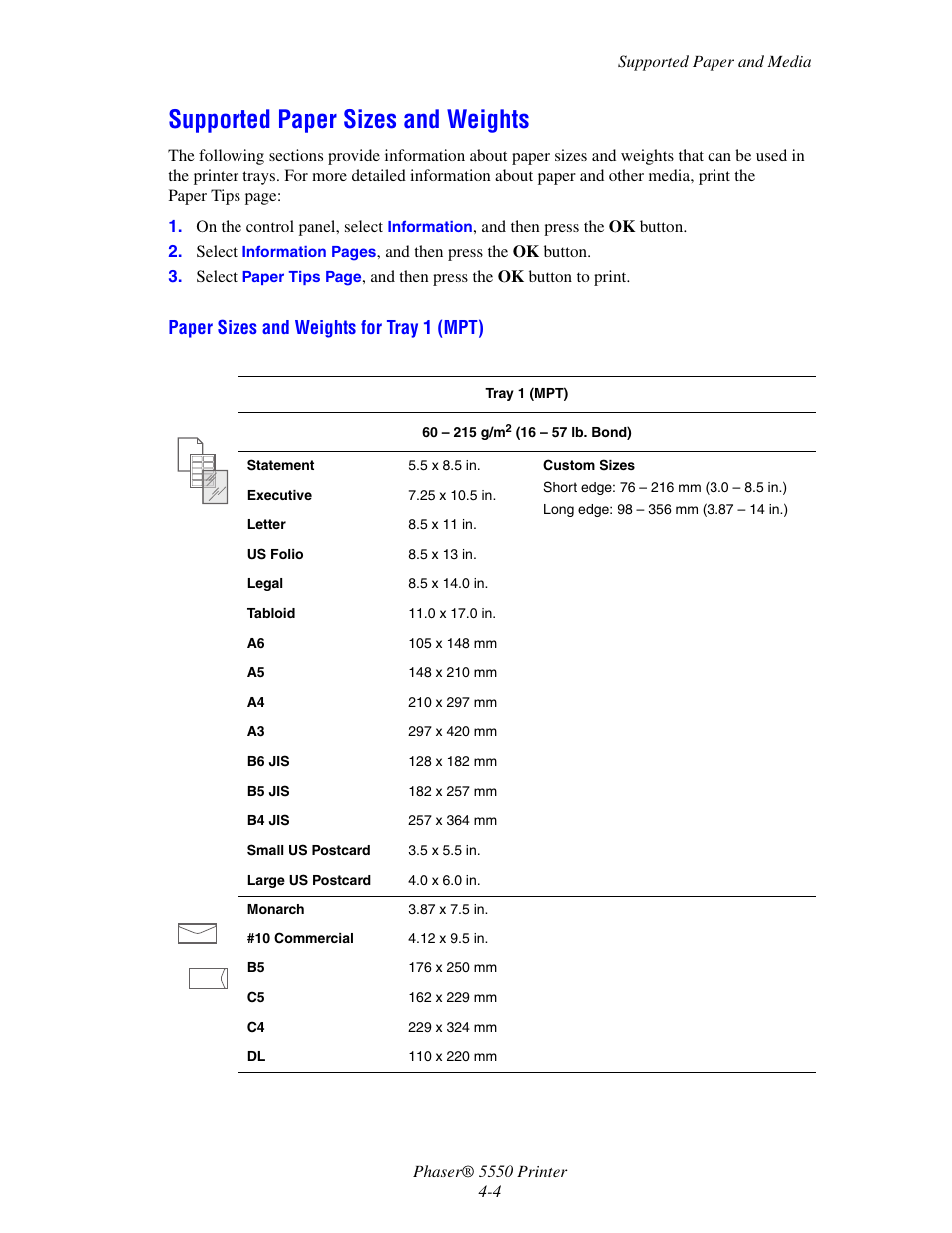 Supported paper sizes and weights, Supported paper sizes and weights -4 | Xerox 5550 User Manual | Page 65 / 237
