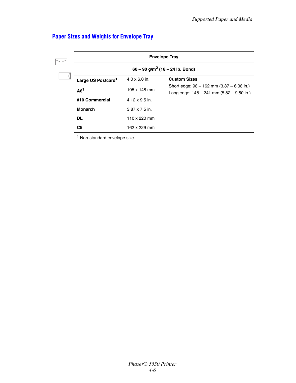 Paper sizes and weights for envelope tray | Xerox 5550 User Manual | Page 67 / 237