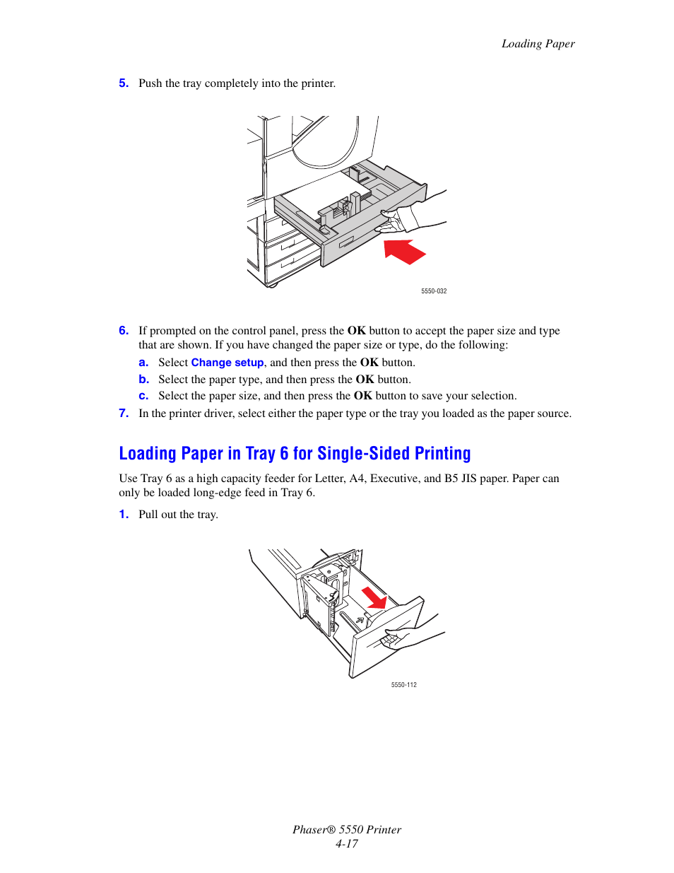 Loading paper in tray 6 for single-sided printing | Xerox 5550 User Manual | Page 78 / 237