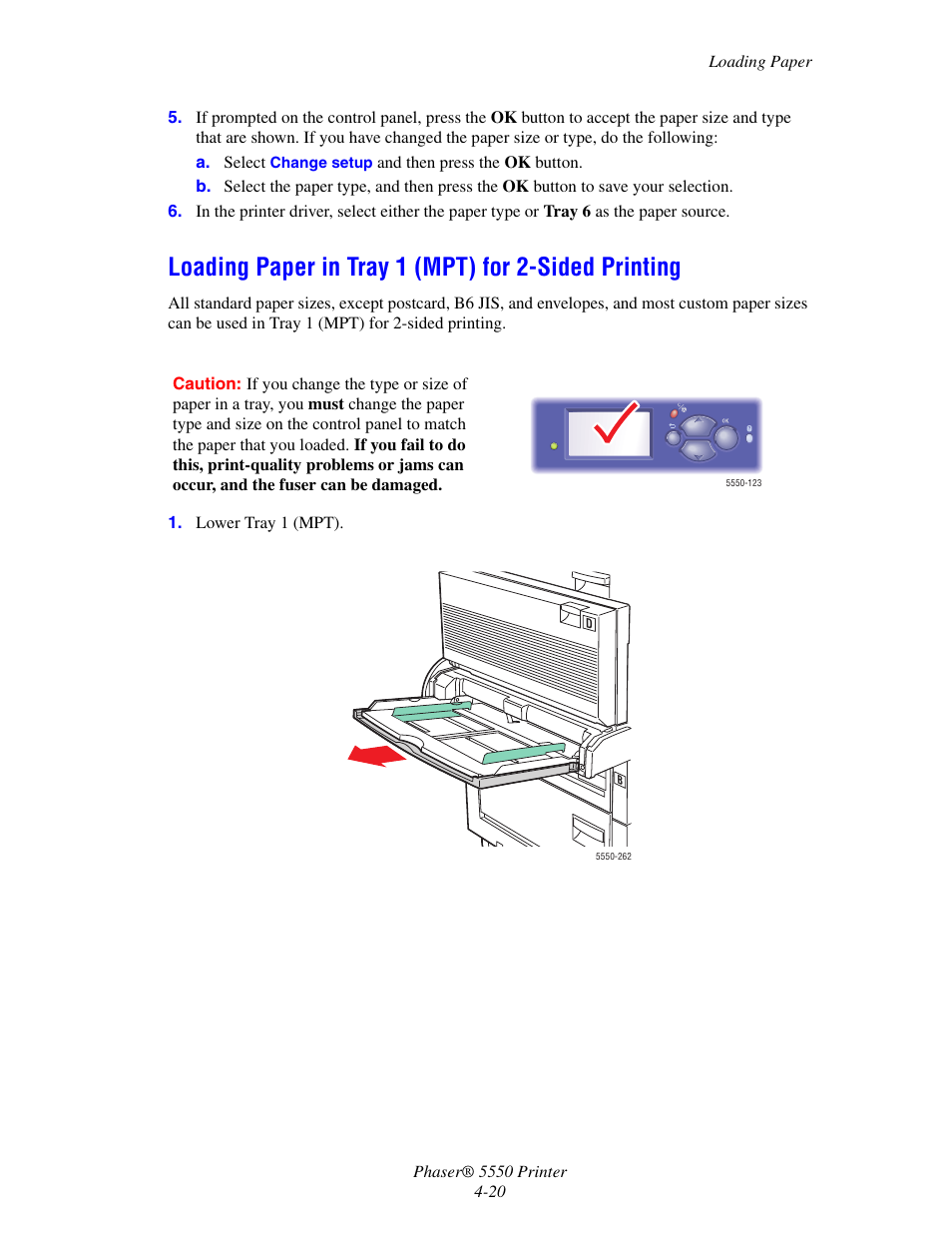 Loading paper in tray 1 (mpt) for 2-sided printing | Xerox 5550 User Manual | Page 81 / 237