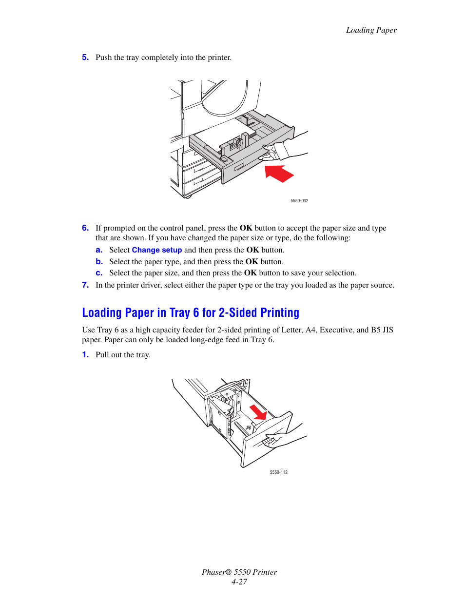 Loading paper in tray 6 for 2-sided printing, Loading paper in tray 6 for 2-sided printing -27 | Xerox 5550 User Manual | Page 88 / 237