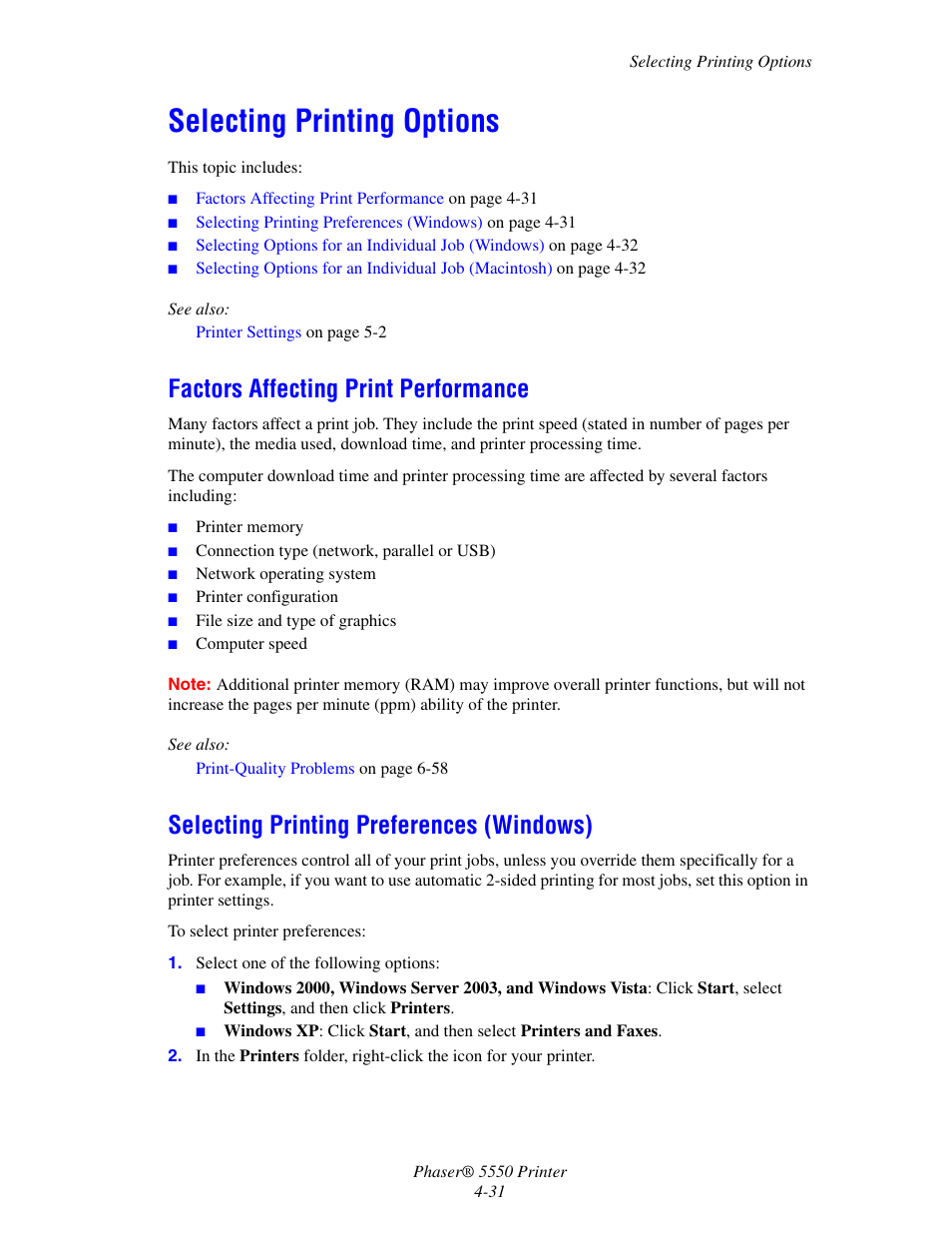Selecting printing options, Factors affecting print performance, Selecting printing preferences (windows) | Selecting printing options -31 | Xerox 5550 User Manual | Page 92 / 237