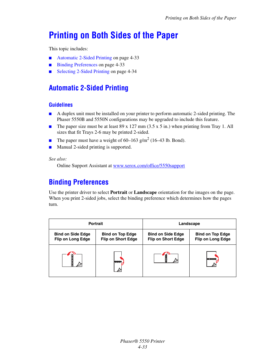 Printing on both sides of the paper, Automatic 2-sided printing, Binding preferences | Printing on both sides of the paper -33 | Xerox 5550 User Manual | Page 94 / 237