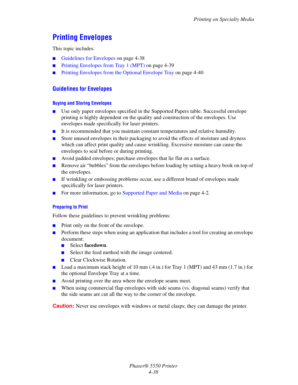 Printing envelopes, Printing envelopes -38 | Xerox 5550 User Manual | Page 99 / 237