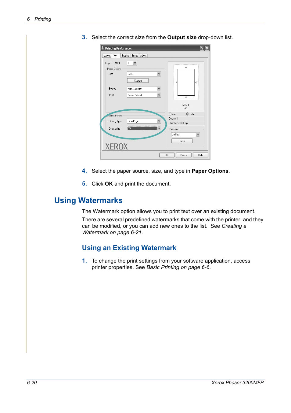 Using watermarks -20, Using watermarks, Using an existing watermark | Xerox 3200MFP User Manual | Page 100 / 236