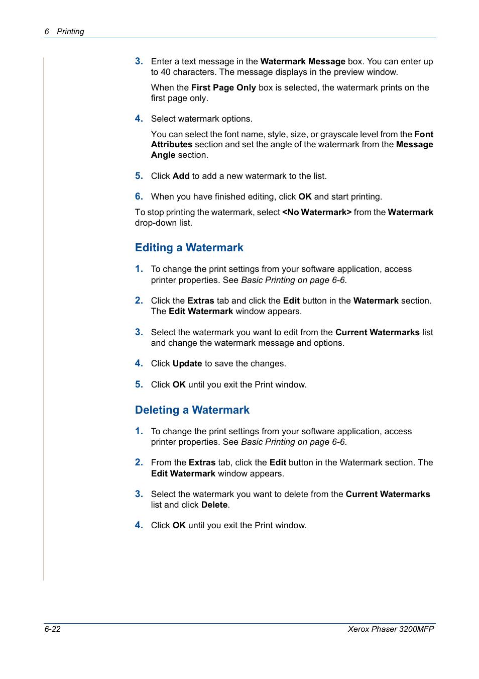 Editing a watermark, Deleting a watermark | Xerox 3200MFP User Manual | Page 102 / 236