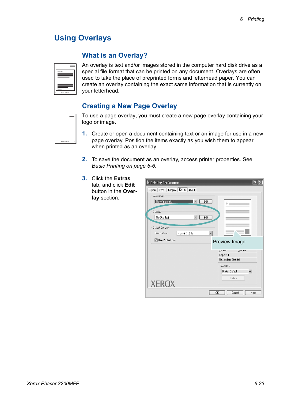 Using overlays -23, Using overlays, What is an overlay | Creating a new page overlay | Xerox 3200MFP User Manual | Page 103 / 236