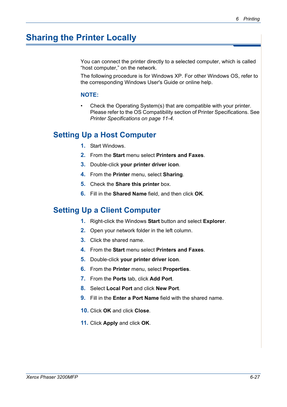 Sharing the printer locally, Sharing the printer locally -27, Setting up a host computer | Setting up a client computer | Xerox 3200MFP User Manual | Page 107 / 236