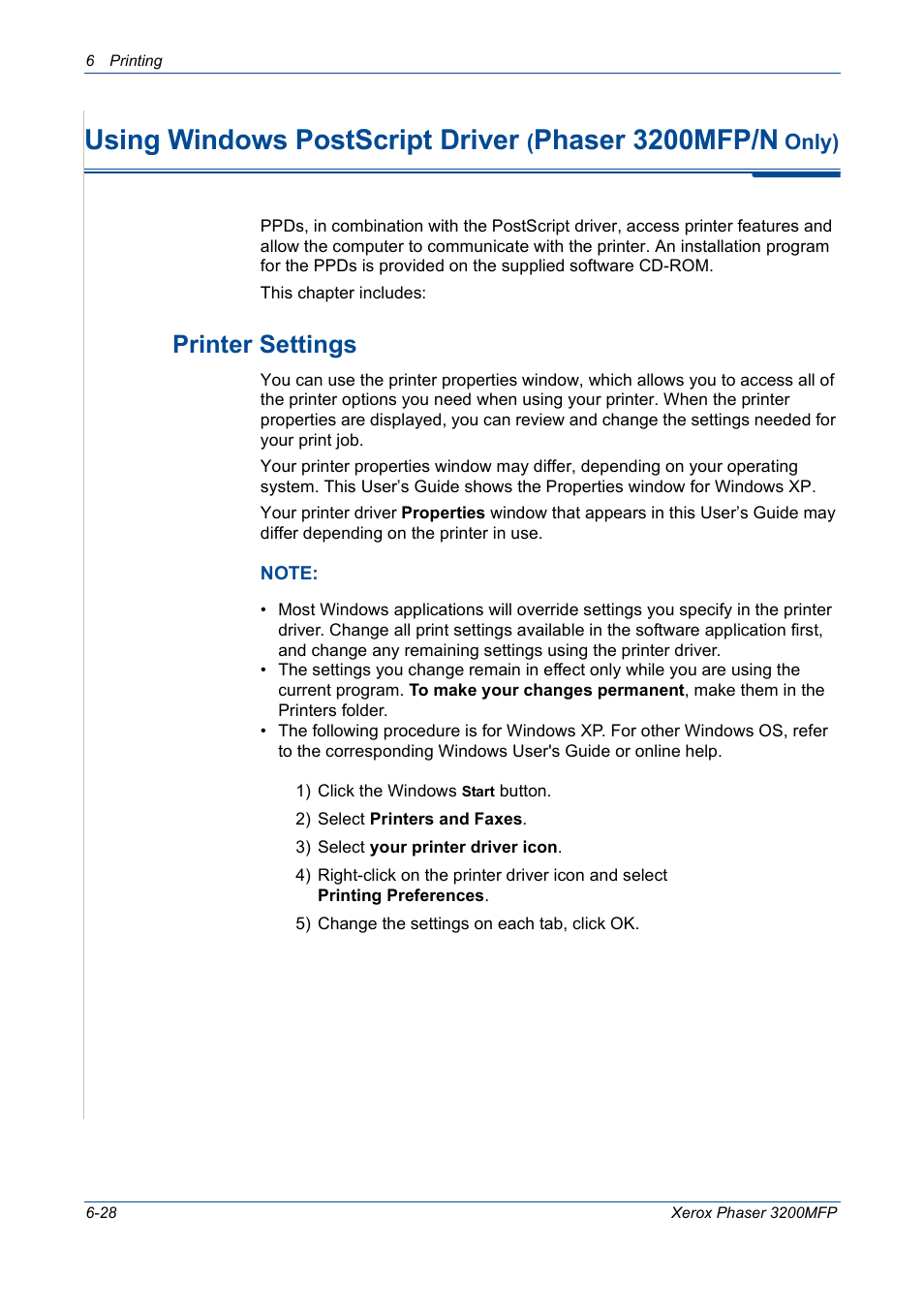 Printer settings -28, Using windows postscript driver, Phaser 3200mfp/n | Printer settings, Only) | Xerox 3200MFP User Manual | Page 108 / 236