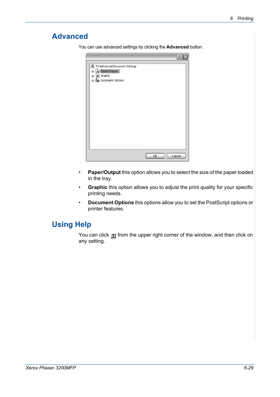 Advanced, Using help -29, Using help | Xerox 3200MFP User Manual | Page 109 / 236