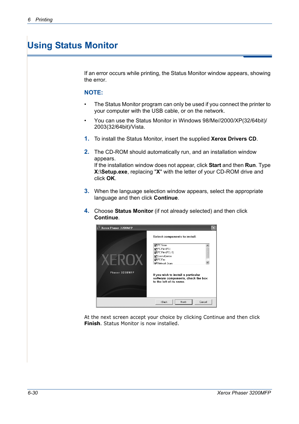 Using status monitor, Using status monitor -30 | Xerox 3200MFP User Manual | Page 110 / 236