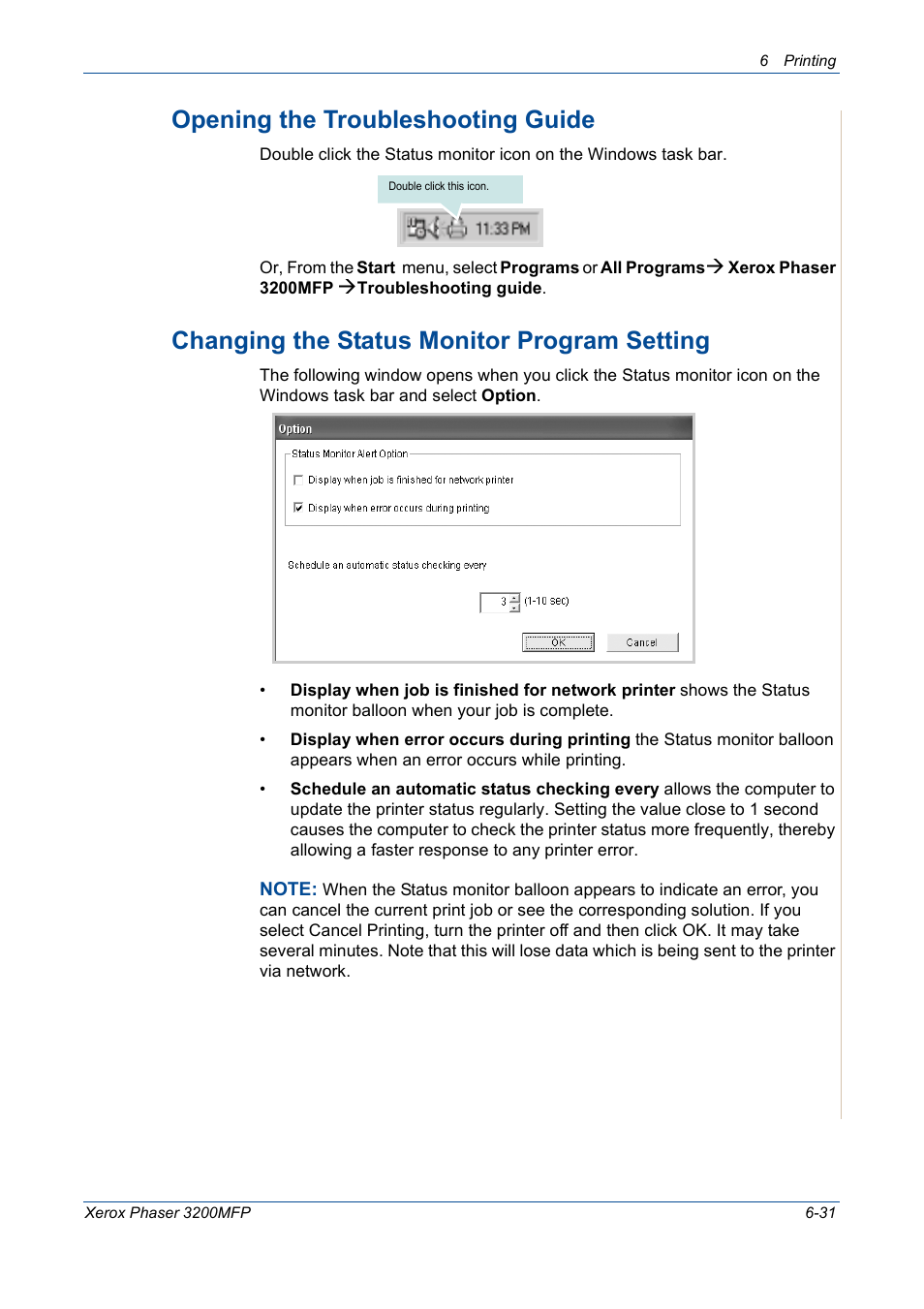 Opening the troubleshooting guide, Changing the status monitor program setting | Xerox 3200MFP User Manual | Page 111 / 236