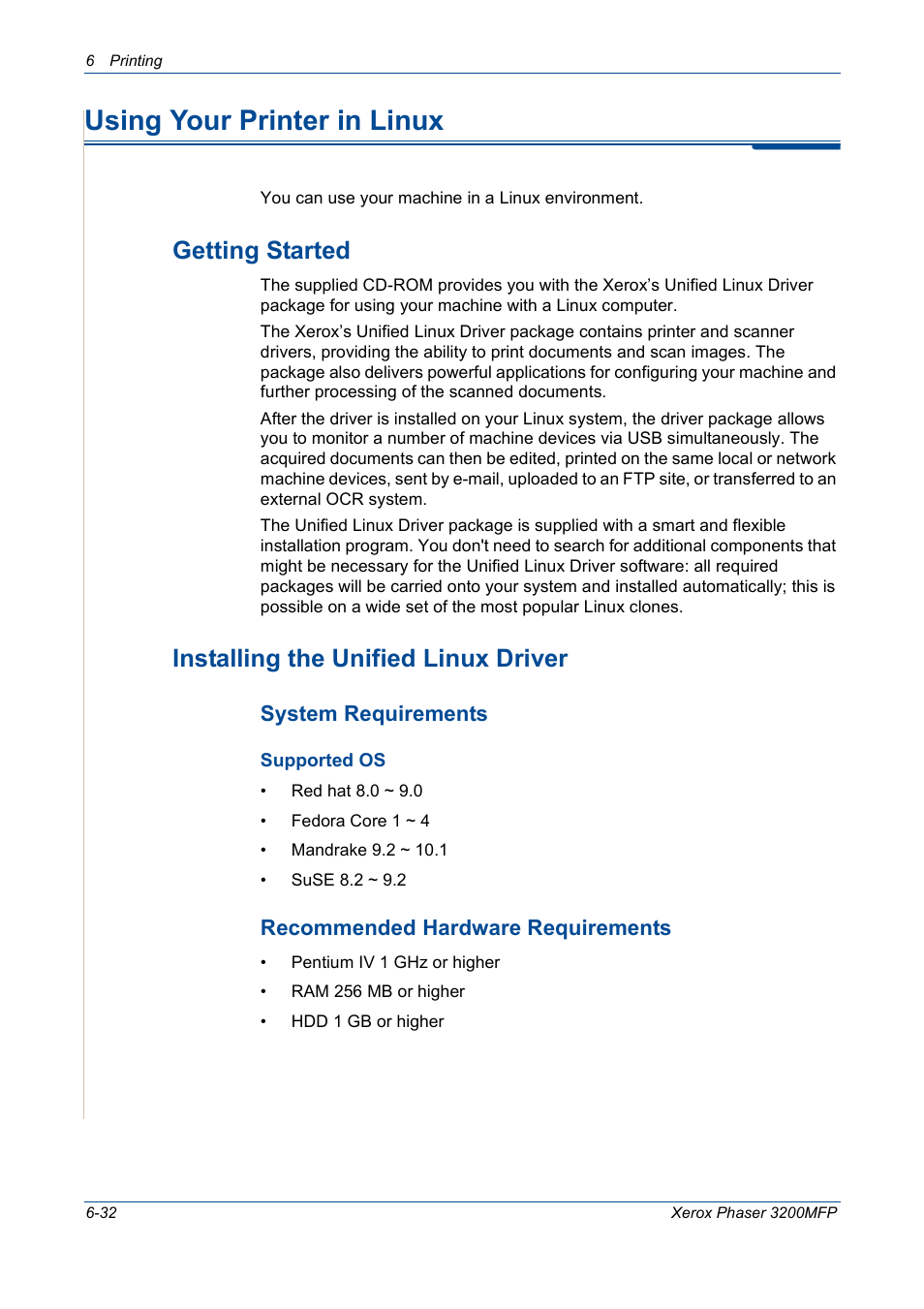 Using your printer in linux, Using your printer in linux -32, Getting started | Installing the unified linux driver, System requirements, Recommended hardware requirements | Xerox 3200MFP User Manual | Page 112 / 236