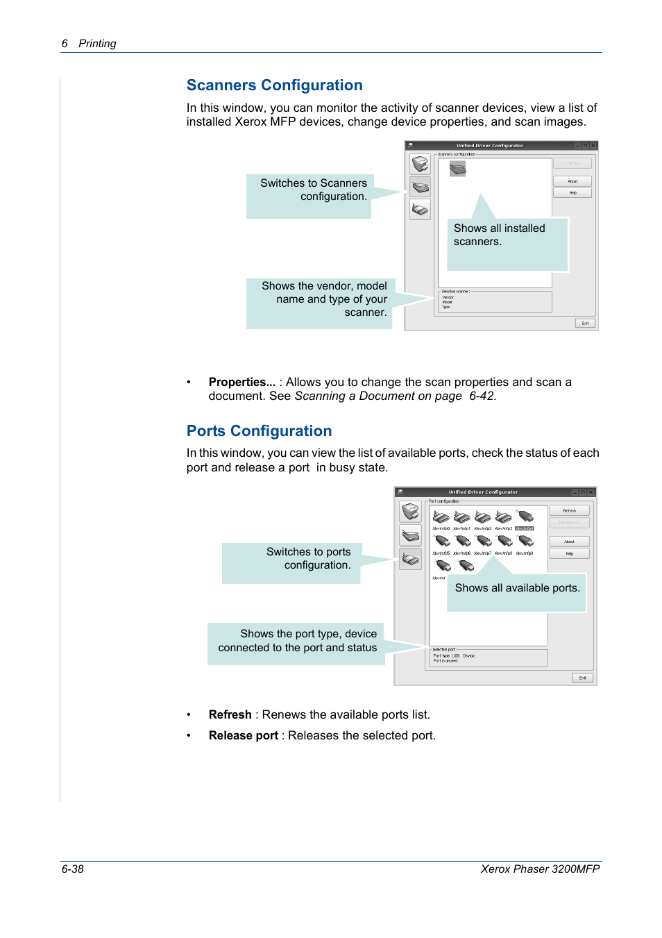 Scanners configuration, Ports configuration | Xerox 3200MFP User Manual | Page 118 / 236