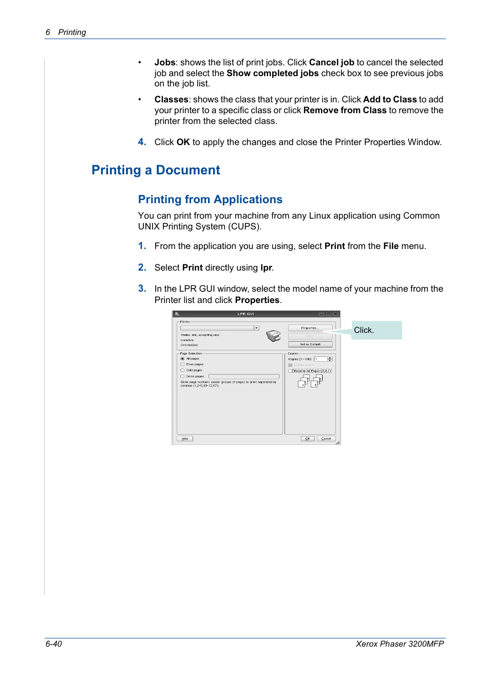 Printing a document -40, Printing a document, Printing from applications | Xerox 3200MFP User Manual | Page 120 / 236