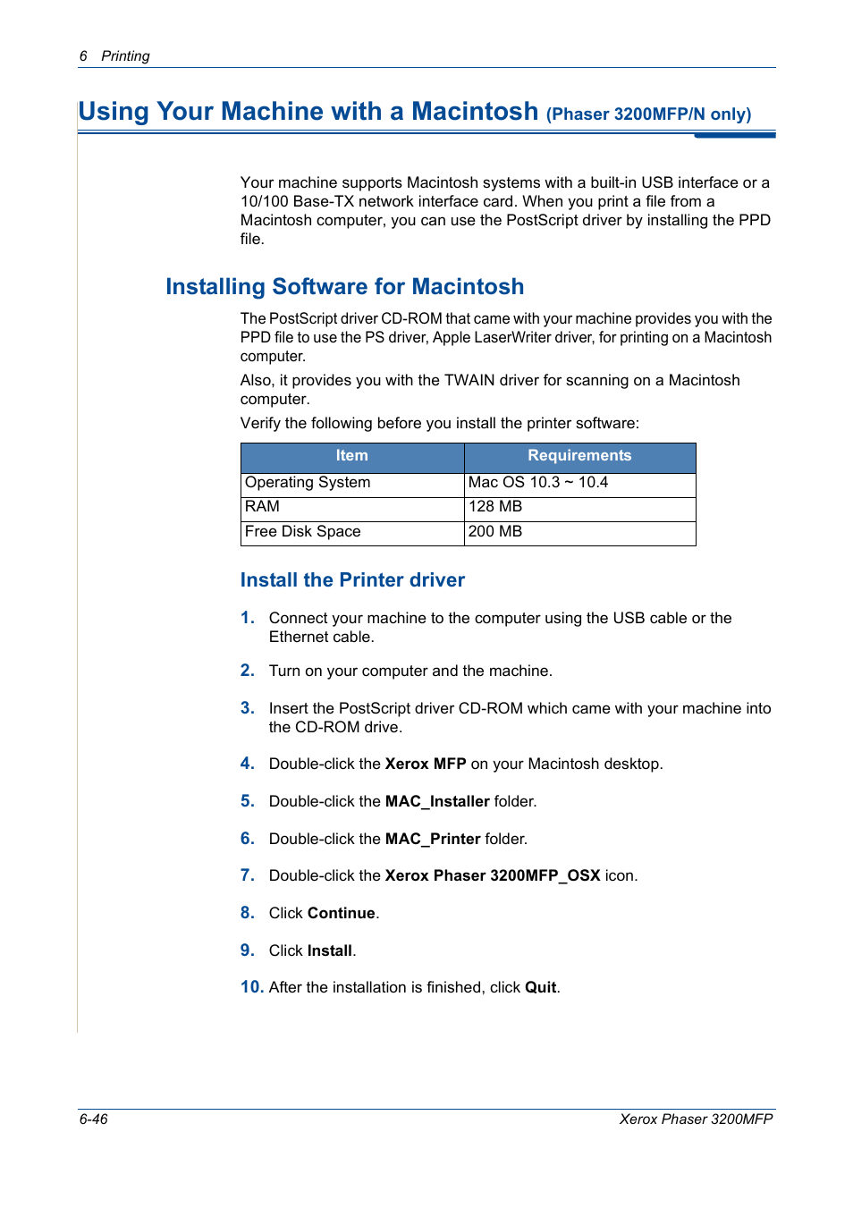 Installing software for macintosh -46, Using your machine with a macintosh, Installing software for macintosh | Install the printer driver | Xerox 3200MFP User Manual | Page 126 / 236