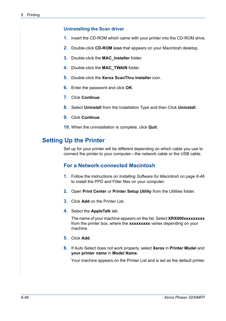 Setting up the printer -48, Setting up the printer, For a network-connected macintosh | Xerox 3200MFP User Manual | Page 128 / 236