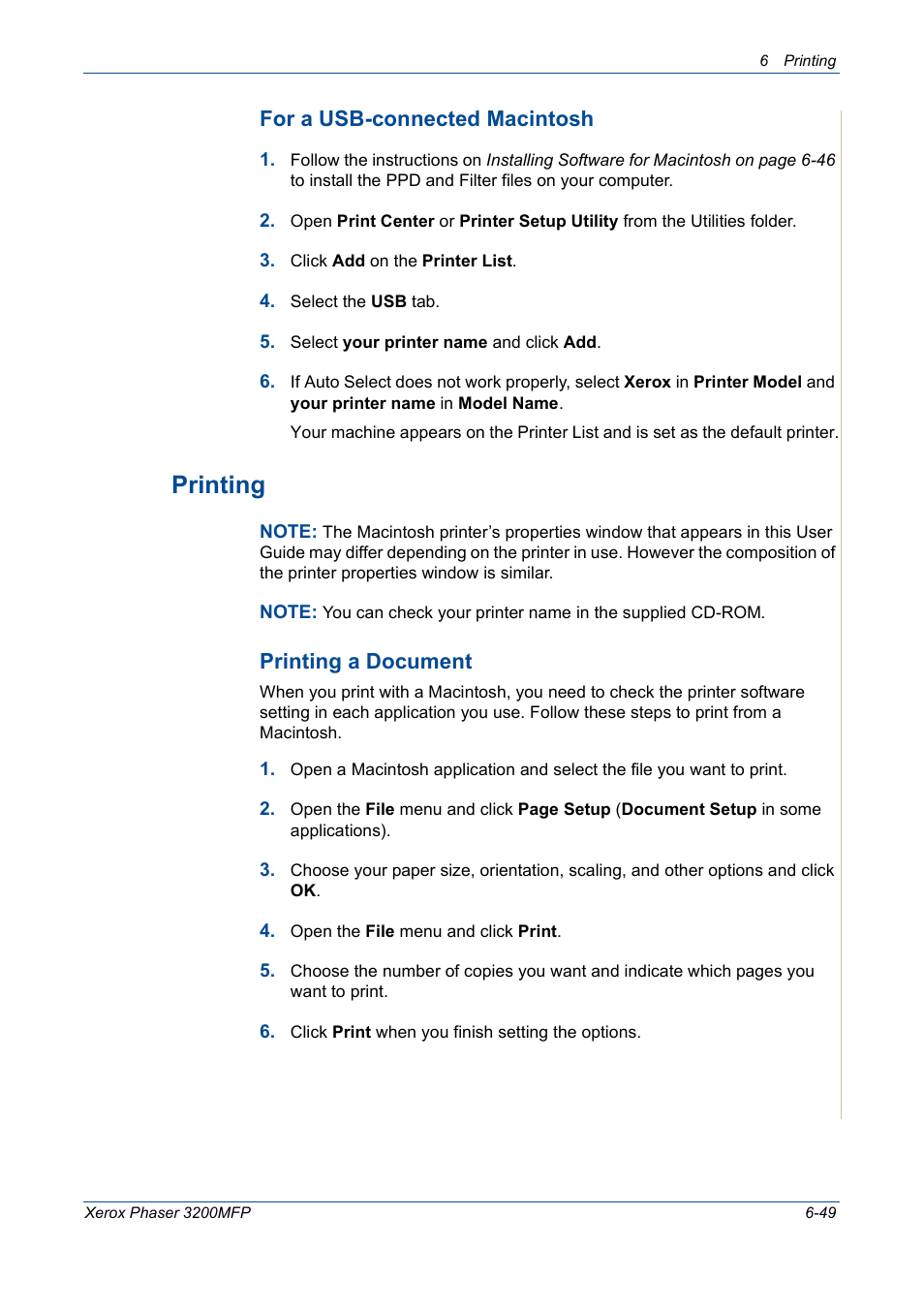 Printing -49, Printing, For a usb-connected macintosh | Printing a document | Xerox 3200MFP User Manual | Page 129 / 236