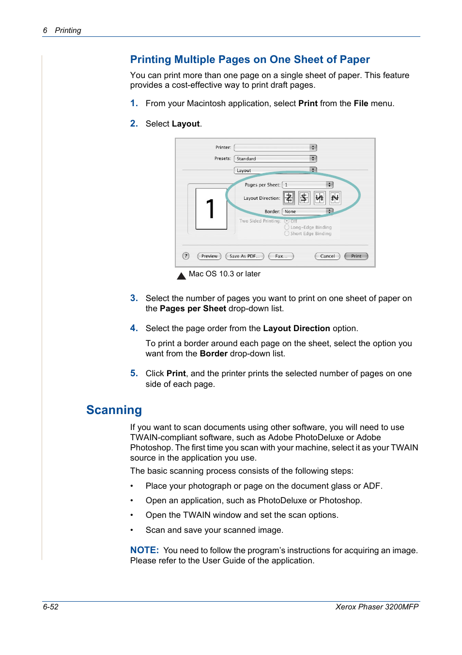 Scanning -52, Scanning, Printing multiple pages on one sheet of paper | Xerox 3200MFP User Manual | Page 132 / 236