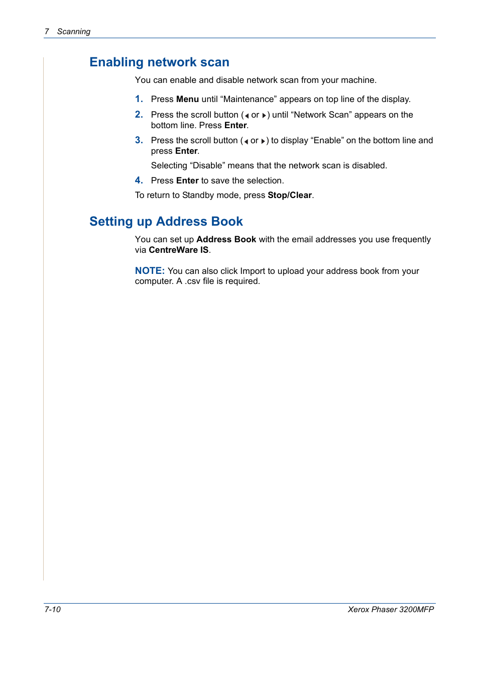Enabling network scan, Setting up address book | Xerox 3200MFP User Manual | Page 142 / 236