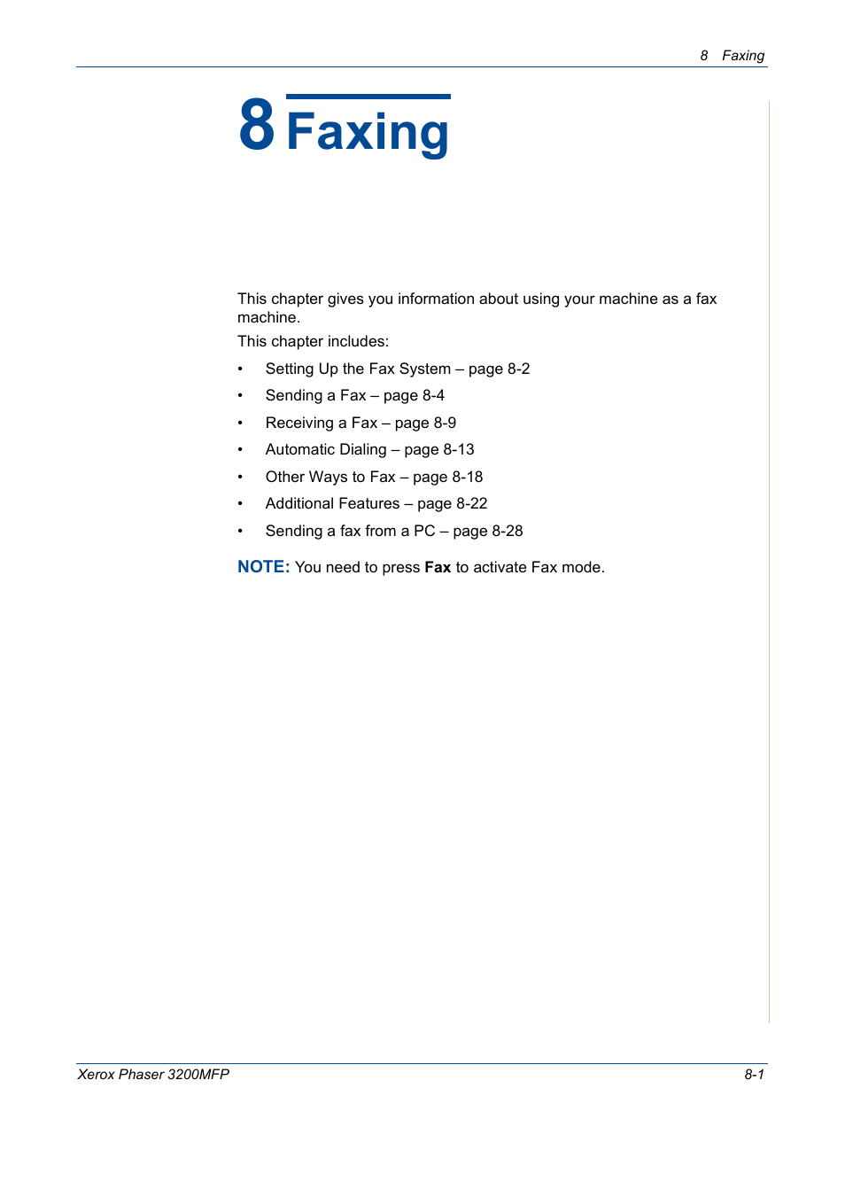 8 faxing, Faxing | Xerox 3200MFP User Manual | Page 145 / 236