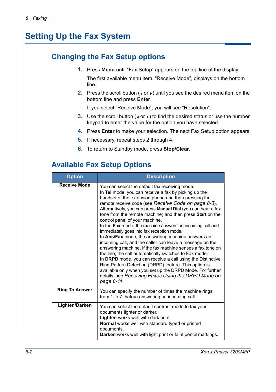 Setting up the fax system, Setting up the fax system -2, Changing the fax setup options | Available fax setup options | Xerox 3200MFP User Manual | Page 146 / 236