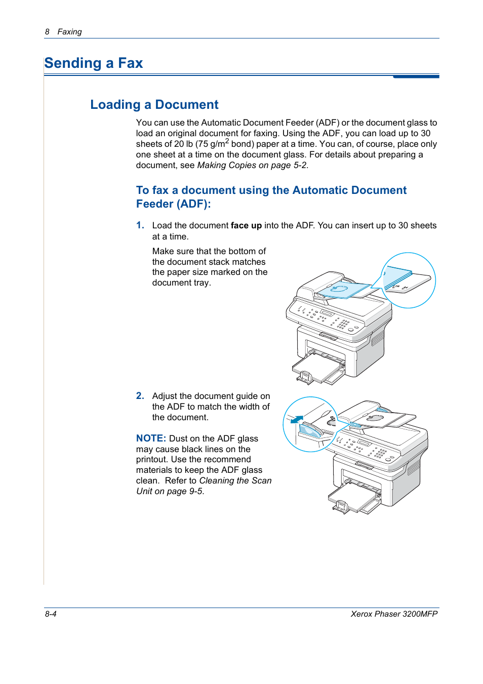 Sending a fax, Sending a fax -4, Loading a document -4 | Loading a document | Xerox 3200MFP User Manual | Page 148 / 236