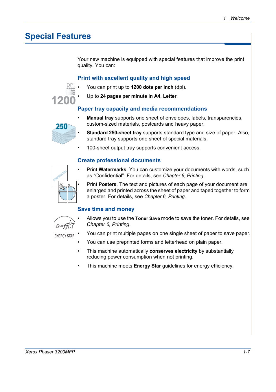 Special features, Special features -7 | Xerox 3200MFP User Manual | Page 15 / 236