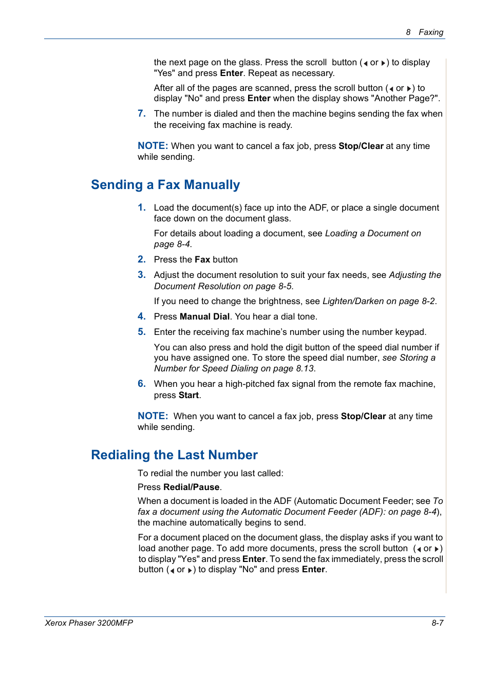Sending a fax manually, Redialing the last number | Xerox 3200MFP User Manual | Page 151 / 236