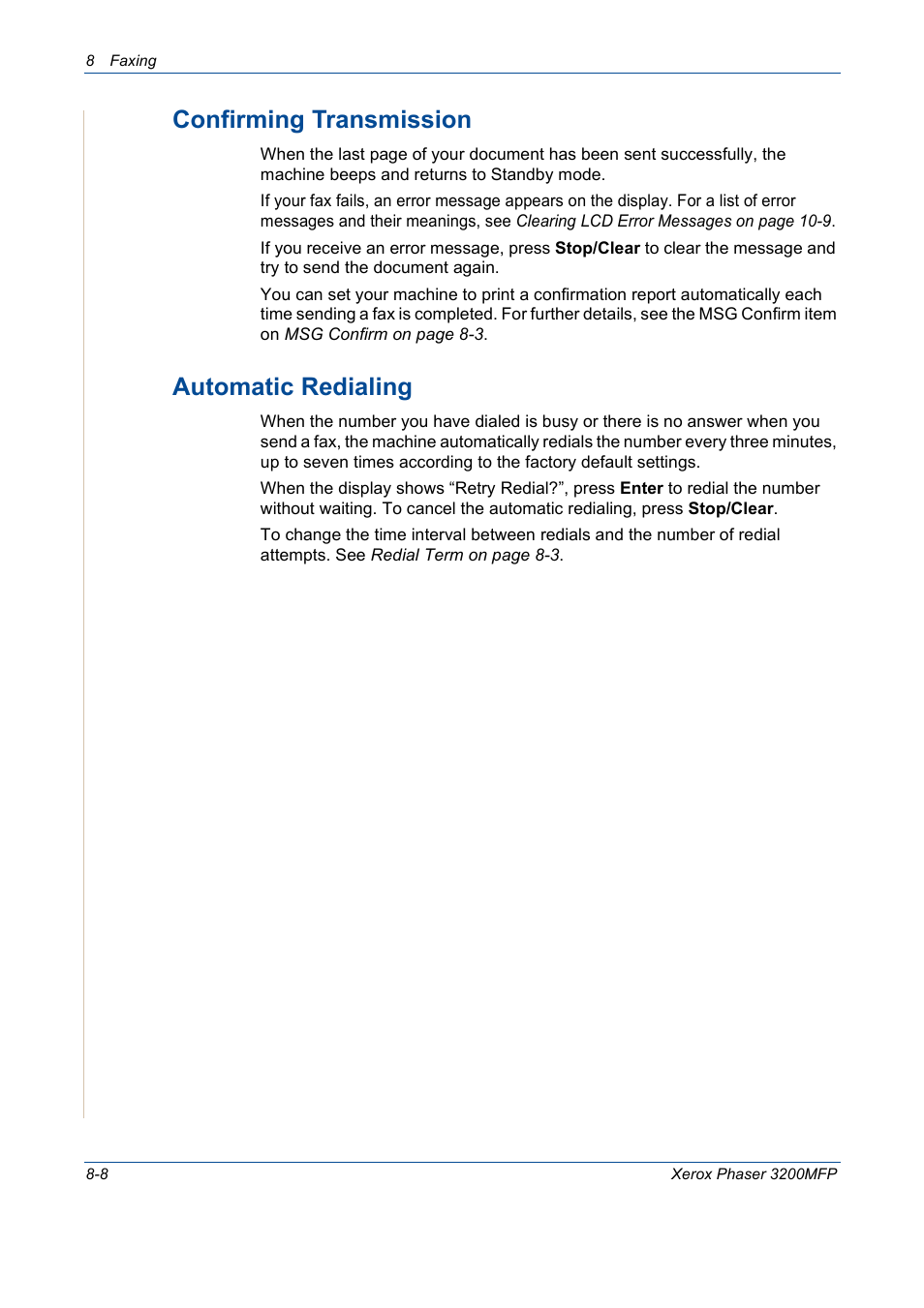 Confirming transmission -8 automatic redialing -8, Confirming transmission, Automatic redialing | Xerox 3200MFP User Manual | Page 152 / 236