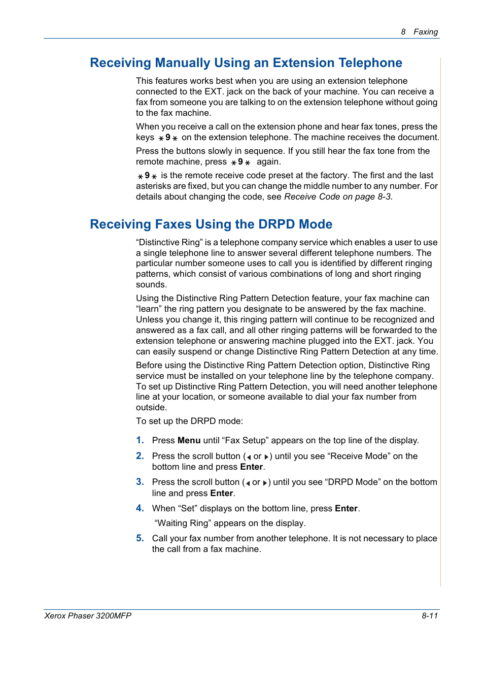 Receiving faxes using the drpd mode on, Receiving manually using an, Receiving faxes using the drpd | Receiving manually using an extension telephone, Receiving faxes using the drpd mode | Xerox 3200MFP User Manual | Page 155 / 236