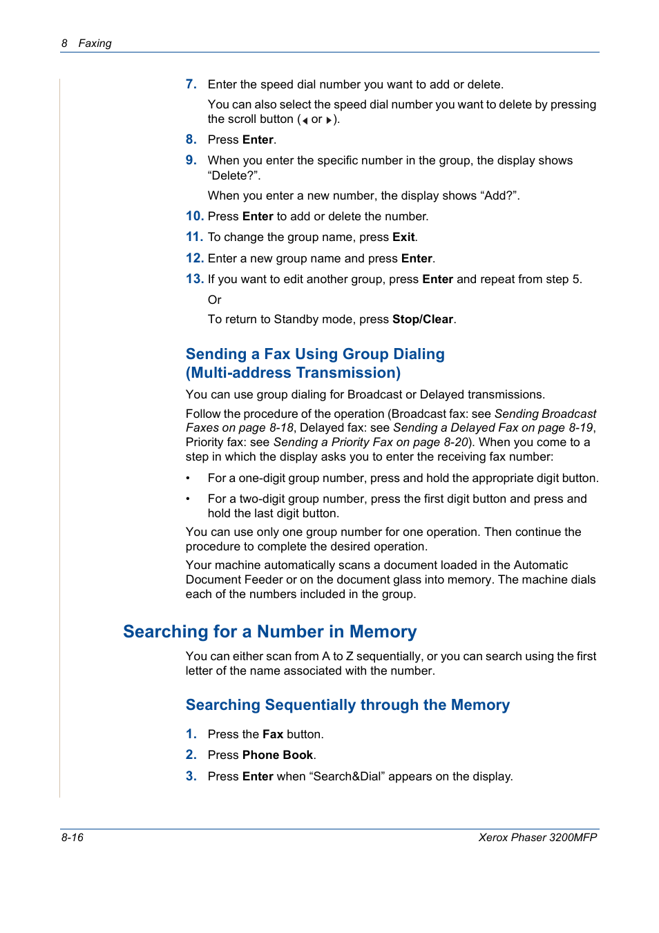 Searching for a number in memory -16 | Xerox 3200MFP User Manual | Page 160 / 236