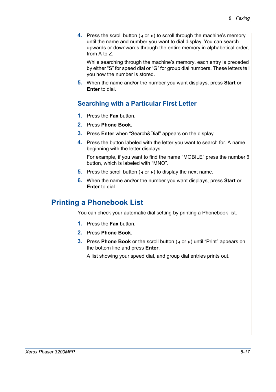 Printing a phonebook list -17, Printing a phonebook list, Searching with a particular first letter | Xerox 3200MFP User Manual | Page 161 / 236