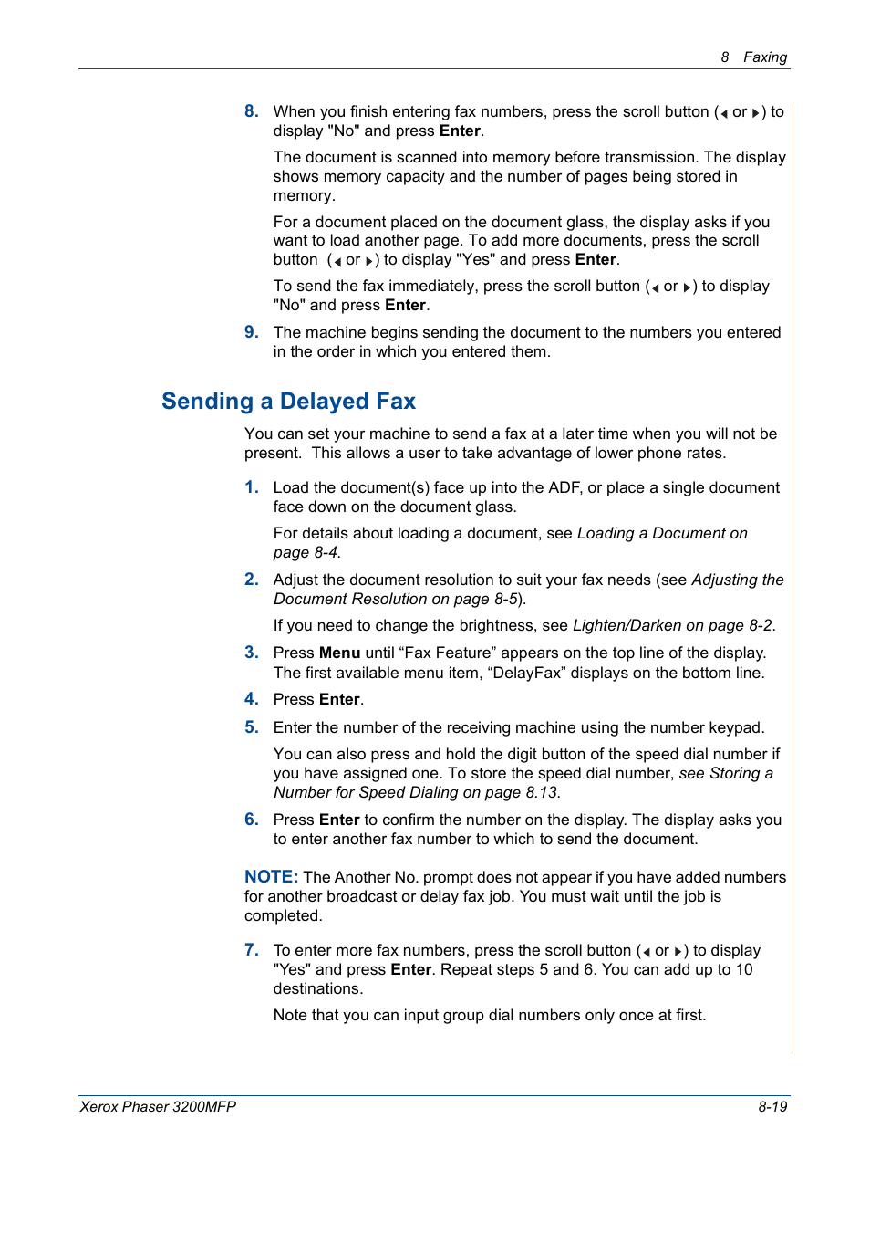 Sending a delayed fax -19, Sending a delayed fax | Xerox 3200MFP User Manual | Page 163 / 236