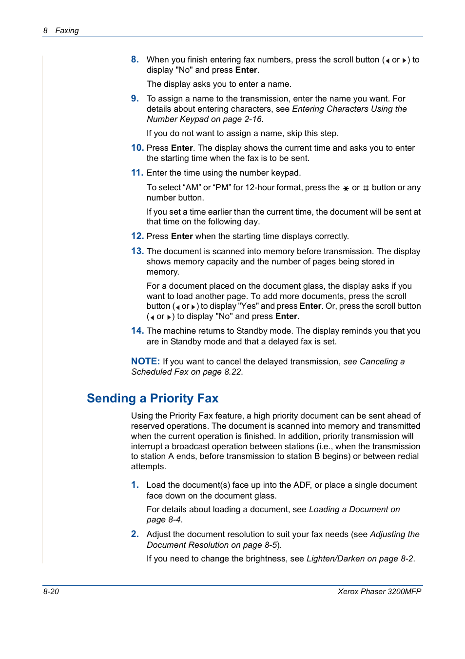 Sending a priority fax -20, Sending a priority fax | Xerox 3200MFP User Manual | Page 164 / 236