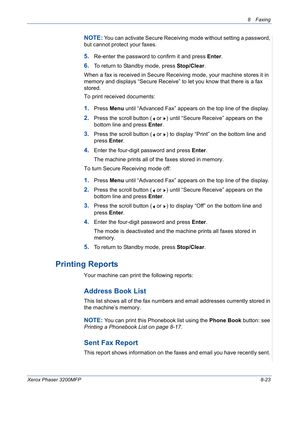 Printing reports -23, Printing reports, Address book list | Sent fax report | Xerox 3200MFP User Manual | Page 167 / 236