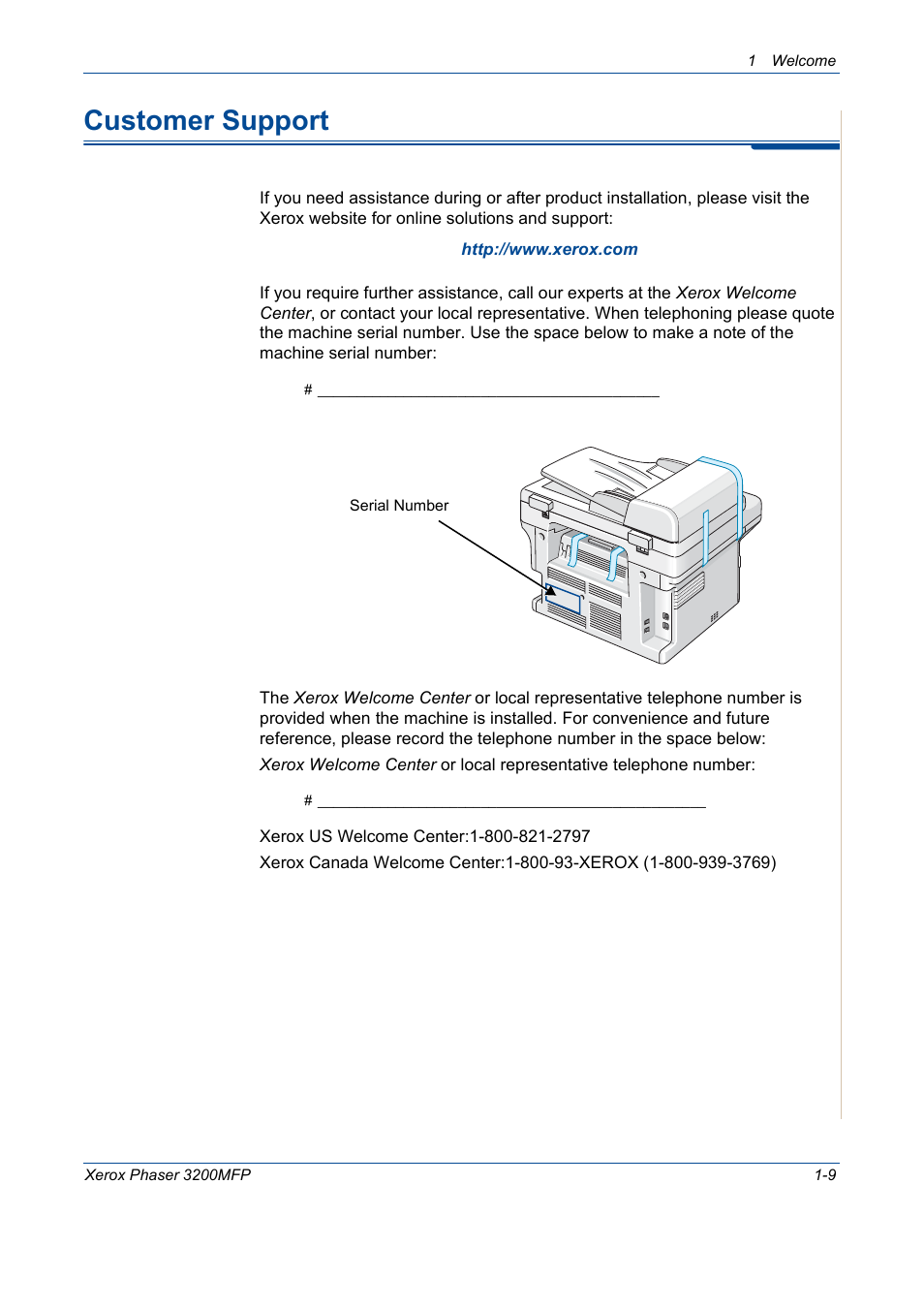 Customer support, Customer support -9 | Xerox 3200MFP User Manual | Page 17 / 236