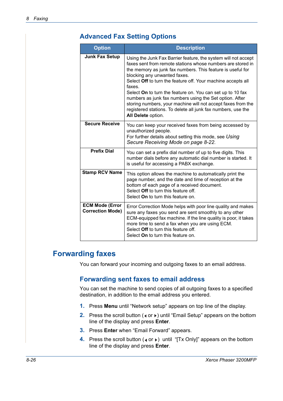 Forwarding faxes -26, Forwarding faxes, Advanced fax setting options | Forwarding sent faxes to email address | Xerox 3200MFP User Manual | Page 170 / 236