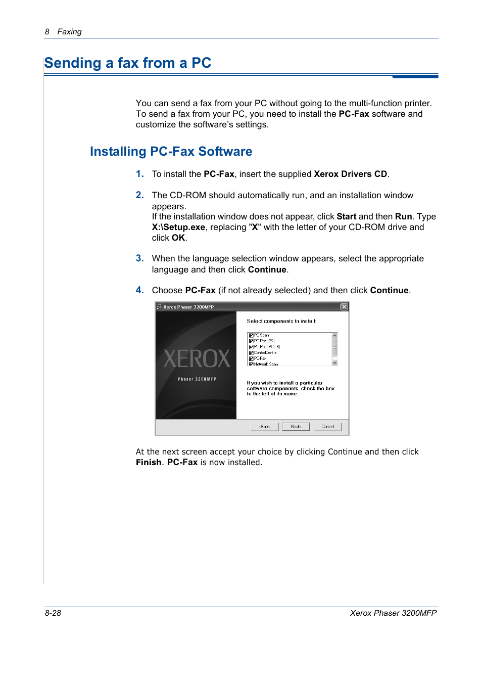 Sending a fax from a pc, Sending a fax from a pc -28, Installing pc-fax software -28 | Installing pc-fax software | Xerox 3200MFP User Manual | Page 172 / 236