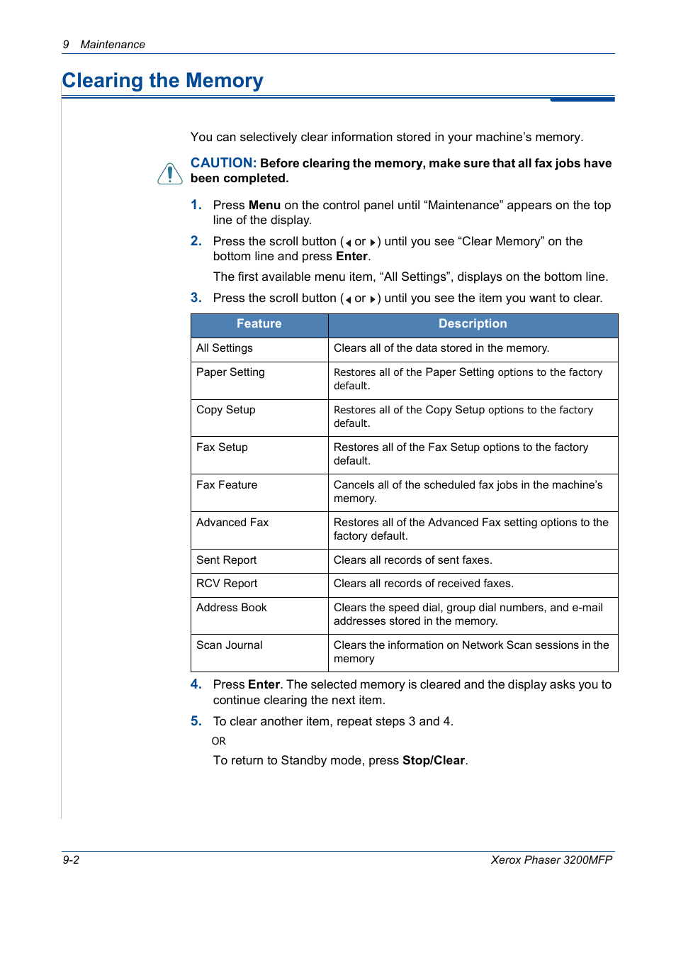 Clearing the memory, Clearing the memory -2 | Xerox 3200MFP User Manual | Page 178 / 236