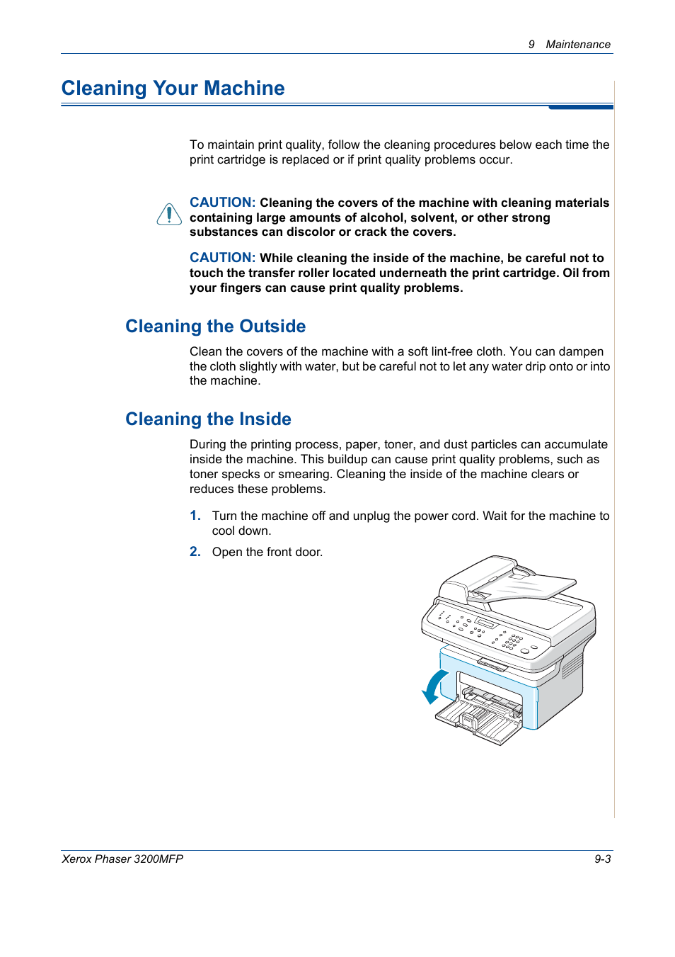 Cleaning your machine, Cleaning your machine -3, Cleaning the outside -3 cleaning the inside -3 | Cleaning the outside, Cleaning the inside | Xerox 3200MFP User Manual | Page 179 / 236