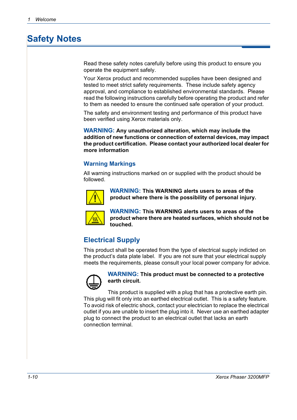 Safety notes, Safety notes -10, Electrical supply | Xerox 3200MFP User Manual | Page 18 / 236