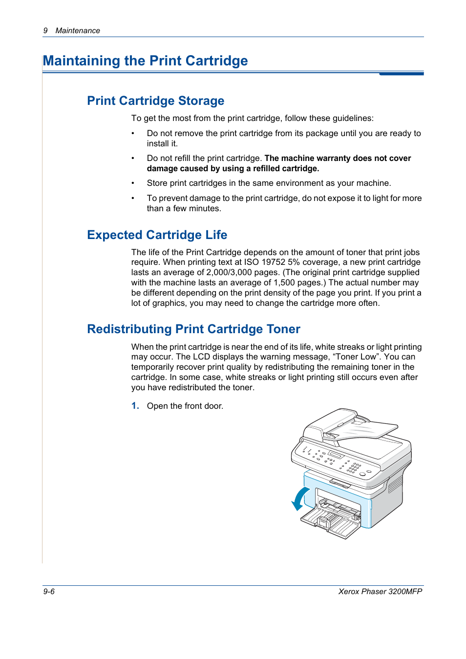 Maintaining the print cartridge, Maintaining the print cartridge -6, Print cartridge storage | Expected cartridge life, Redistributing print cartridge toner | Xerox 3200MFP User Manual | Page 182 / 236