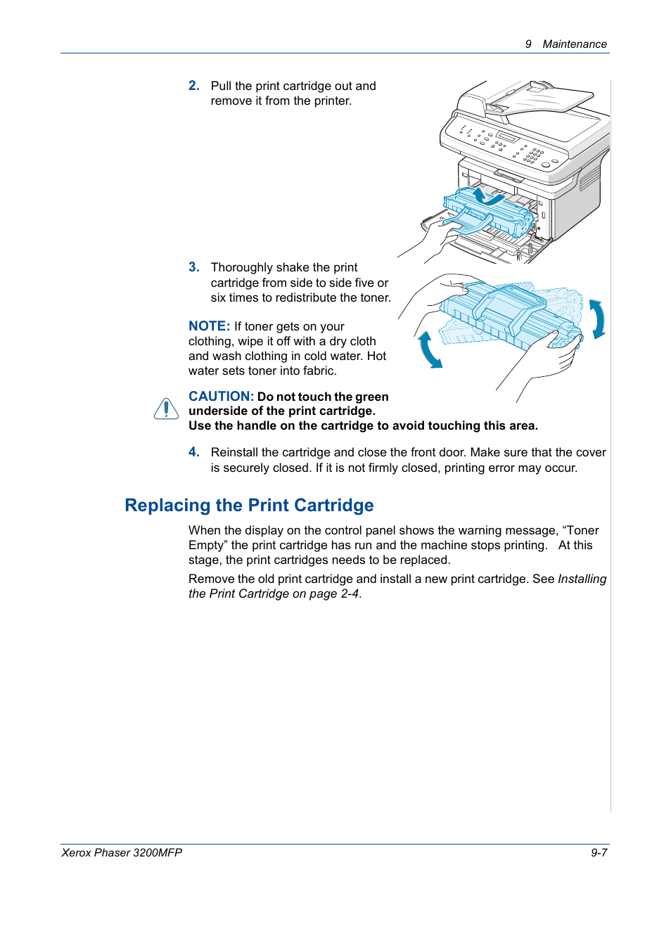 Replacing the print cartridge -7, Replacing the print cartridge | Xerox 3200MFP User Manual | Page 183 / 236