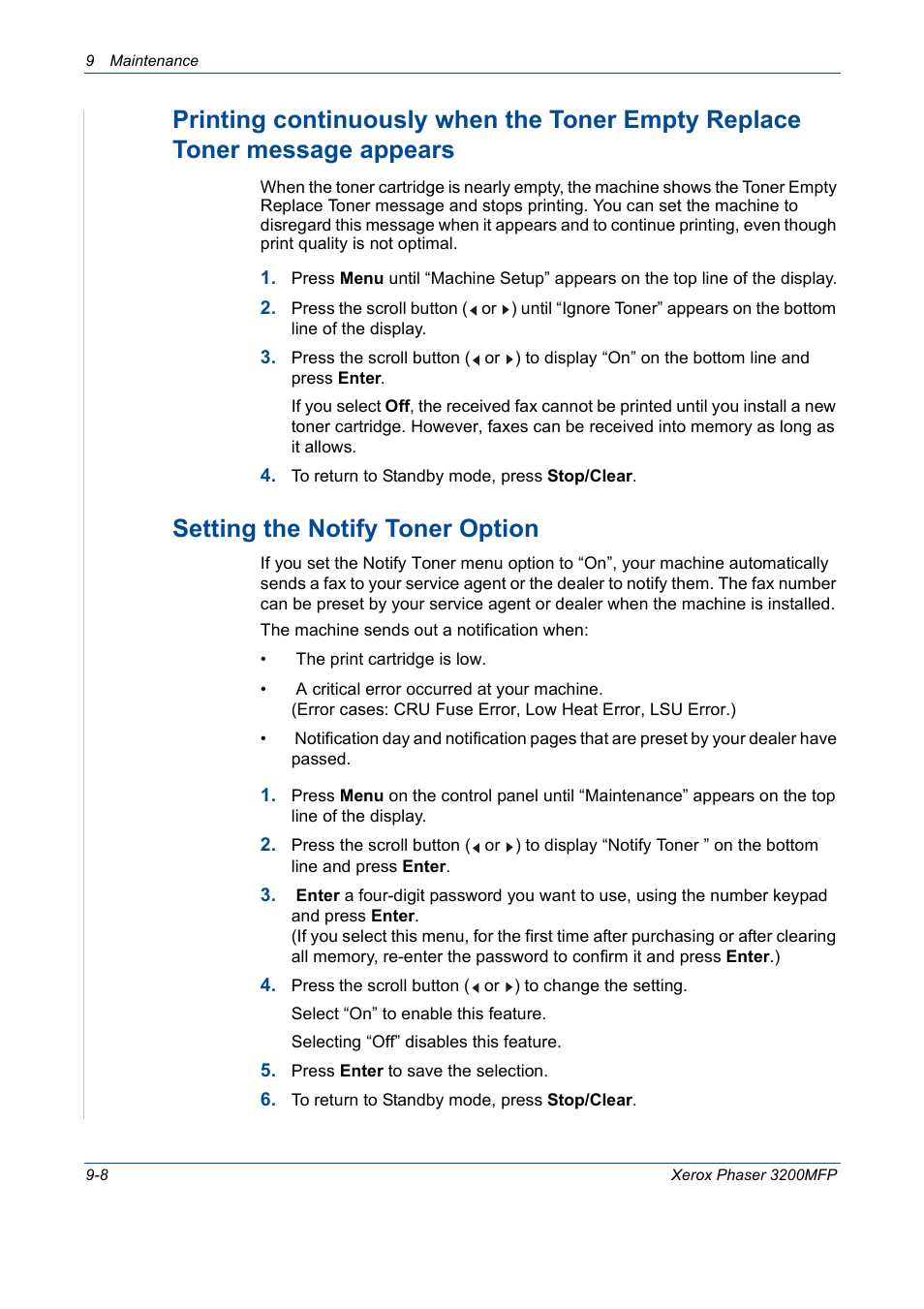 Setting the notify toner option | Xerox 3200MFP User Manual | Page 184 / 236