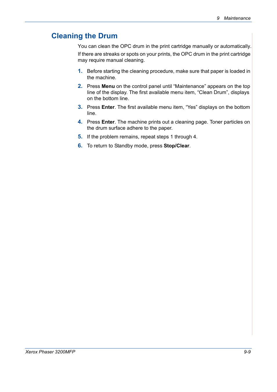 Cleaning the drum -9, Cleaning the drum | Xerox 3200MFP User Manual | Page 185 / 236