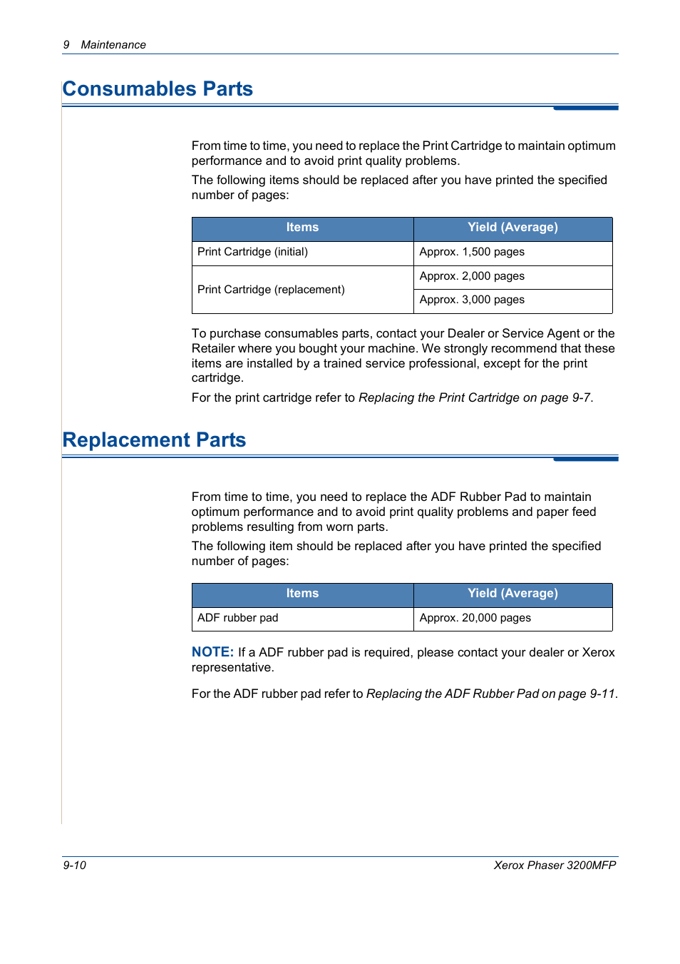 Consumables parts, Replacement parts, Consumables parts -10 replacement parts -10 | Xerox 3200MFP User Manual | Page 186 / 236