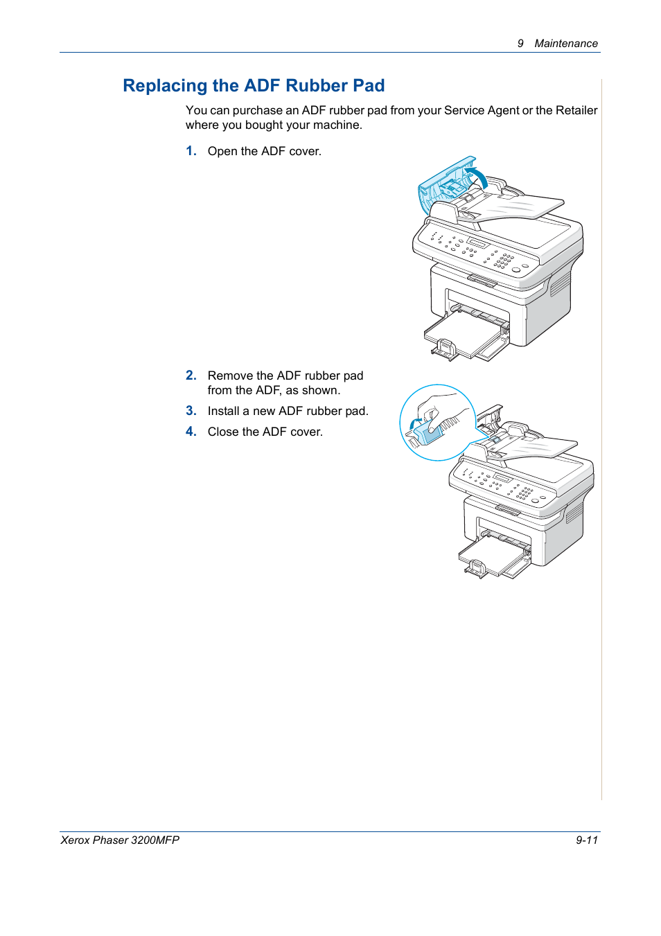 Replacing the adf rubber pad -11, Replacing the adf rubber pad | Xerox 3200MFP User Manual | Page 187 / 236