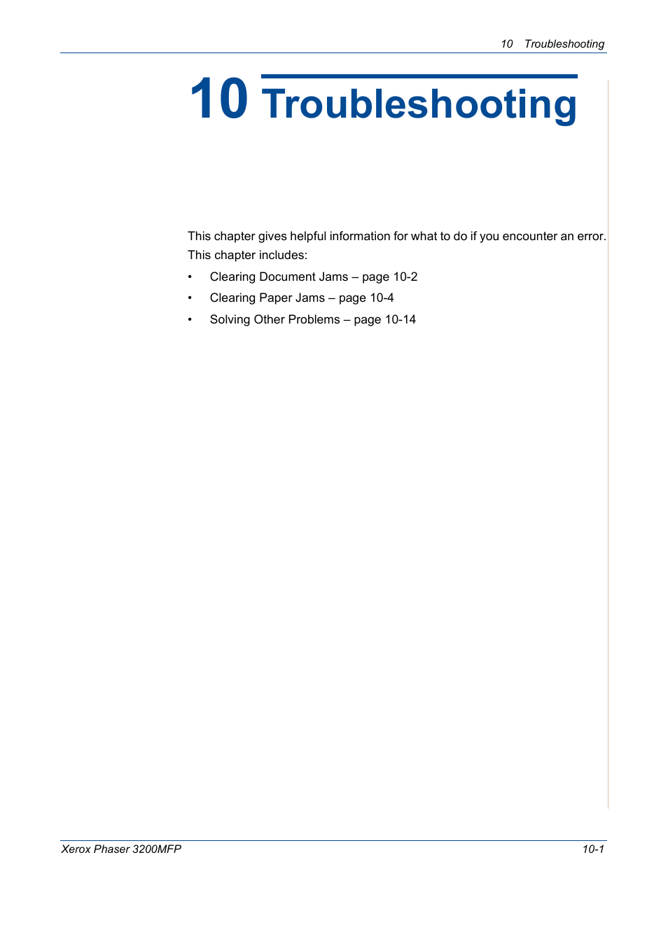 10 troubleshooting, Troubleshooting | Xerox 3200MFP User Manual | Page 189 / 236